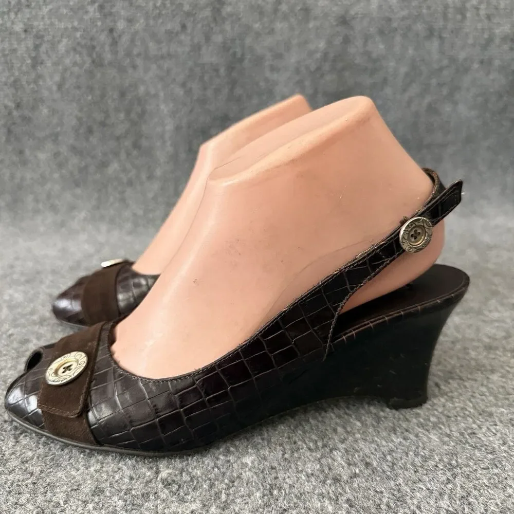 Brighton Nigel Croc Embossed Leather Slingback Wedge Heel Peep Toe Italy 9 N